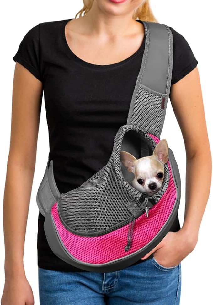 YUDODO Pet Sling Carrier for 10-15 lbs Small Dogs Puppy Crossbody Carrier | Hands-Free, Safety Hook, Large Zipper Pocket, Soft Breathable Mesh, Adjustable Strap, Reflective Strip, Pink, L