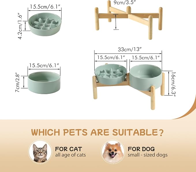 Havniva Elevated Slow Feeder Dog Bowls, Ceramic Dog Bowl Slow Feeder Set | 0.9 Cups Raised Slow Feeder Dog Bowl for Small Breed, 6.1” Dog Water Bowl with Wooden Stand, Puzzle Dog Food Bowl, Non-slip