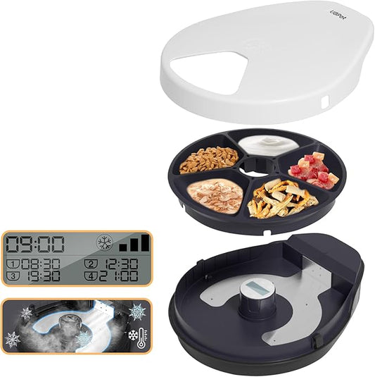 Cat Wet Food Automatic Feeder with Cooling, Semiconductor Refrigeration, with Timer, 5 Food Compartments for 330g Pet Food Each, Premium Meal Plates, Washable, for Cats (UBPET)