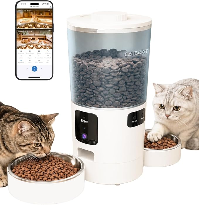 Dual-Camera Automatic Pet Feeder with 2 Bowls, 6L Smart Feeder for 2 Cats | 2K HD Video, App Control, Slow Feed Mode, Up to 20 Meals, 2-Way Audio, Night Vision, iOS/Android, Dry Food Only, White