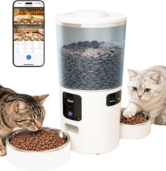 Dual-Camera Automatic Pet Feeder with 2 Bowls, 6L Smart Feeder for 2 Cats | 2K HD Video, App Control, Slow Feed Mode, Up to 20 Meals, 2-Way Audio, Night Vision, iOS/Android, Dry Food Only, White