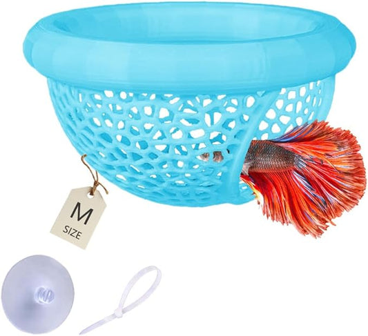 Floating Betta Hammock with Suction Cup, Shrimp Cave, Betta Fish Feeding Rings,3D Printed Aquarium Decor (Blue, Medium)