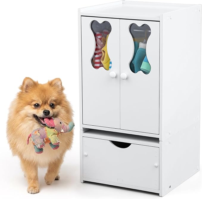 Teenyyou 22.84 x 12.99 x 12.6 Inch Pet Wardrobe Closet Dog Toy Clothes Storage Organizer with Doors and Telescopic Hanging Rod Combinable Drawers Closet Rack for Small Dog Cat Toys Clothes Accessories