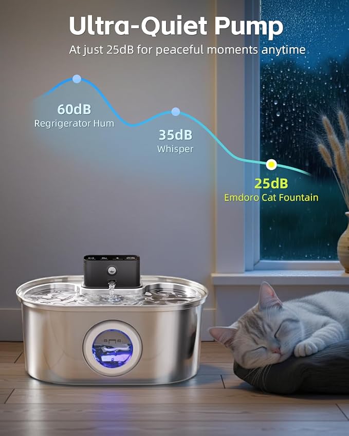 Cordless 3.2L/108oz Stainless Steel Cat Water Fountain Pet Fountain | Rechargeable Pet Water Dispenser - Motion Sensor Activation - Multi-Layer Filtration - Ultra-Quiet Pump (4 Filters)