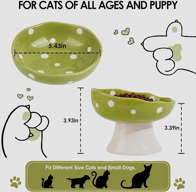 Mushroom Cat Bowl, Elevated Ceramic Cat Bowl, Avocado Green | Cute Mushroom Design • Avocado Green • Elevated Feeding • Whisker Friendly • Smooth Ceramic