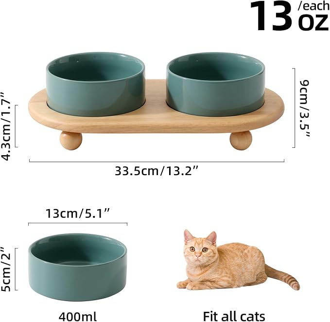 Havniva Raised Cat Bowl 5.1” Elevated Ceramic Cat Food and Water Bowl Set | Cat Bowls Elevated, Whisker Friendly Cat Bowl, Non-Slip Wood Stand, Food-Grade Ceramic, Wide Opening, Dishwasher Safe