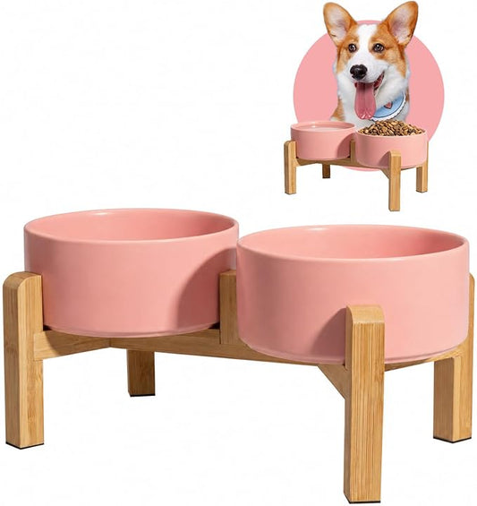 Elevated Ceramic Dog Bowl, 3.6 Cups Dog Food and Water Bowl Set with Stand | 6.1'' Double Dog Feeding Dishes, Non-Slip Raised Dog Feeder for Small and Medium Breeds, 28.74 OZ / 850 ML, White
