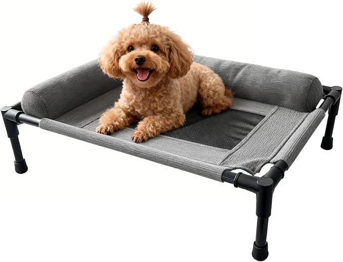 Raised Dog Beds for Small Dogs, Cooling Indoor Outdoor Elevated Bolster Dog Cot Hammock with Metal Frame Breathable Mesh, Portable Dog Sofa Camping Dog Bed (23.62" L x 15.75" W x 5.91" H)