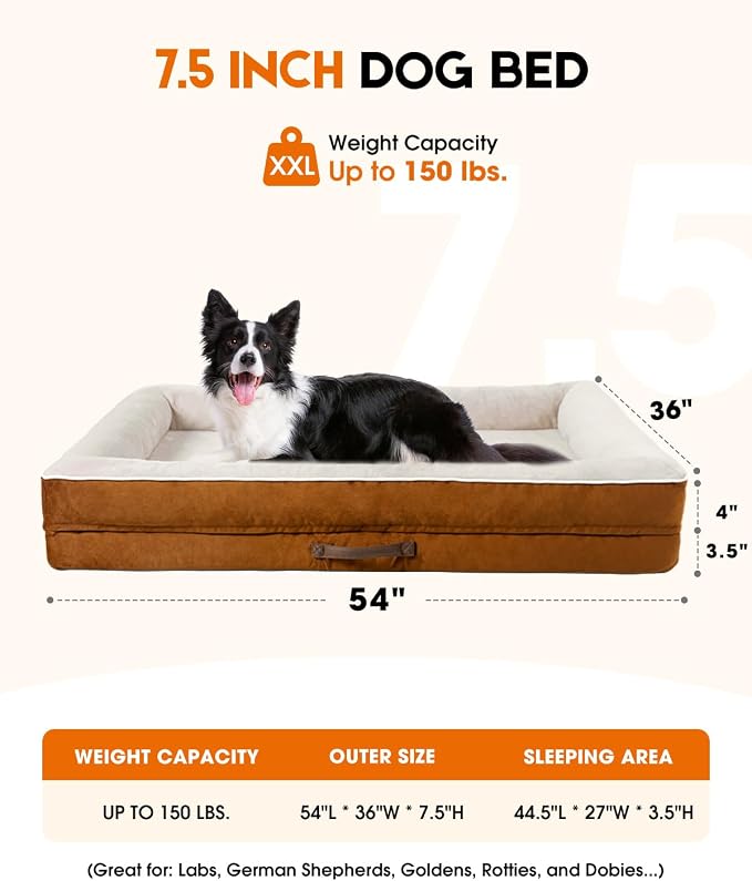 Upvilla Orthopedic Dog Bed XXL, Four-Sided Dog Sofa, Washable Cover, Brown | Removable Waterproof Dog Bed Cover, Egg-Crate Orthopedic Foam, Built-In Carry Handle, Indoor Large Pet Beds, Cat Beds