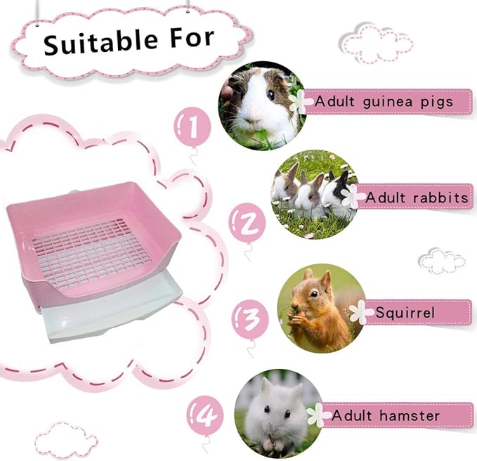 PINVNBY Large Rabbit Litter Box Bigger Pet Litter Pan Trainer with Drawer Corner Toilet Box for Adult Guinea Pigs Chinchilla Ferret Hedgehog Small Animals(Pink)