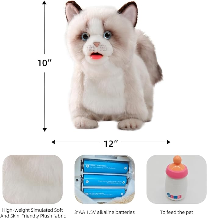 CU-MATE Interactive Pet Ragdoll Cat,Electric Plush Toy Cat,Robot Stuffed Cat with Walking/Nodding/Tail Wagging/Barking/Drinking Milk, Gift for Girls Boys