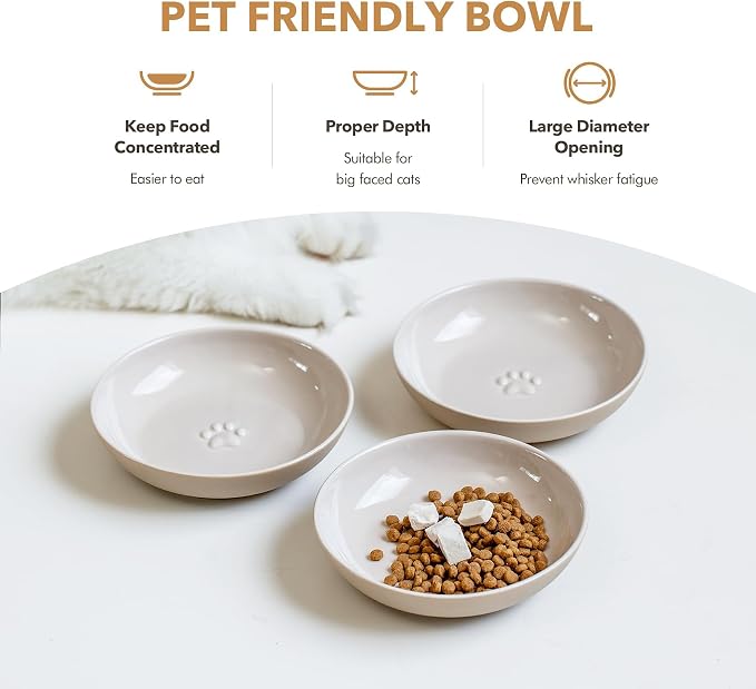 Havniva Ceramic Cat Bowls, Shallow Cat Dishes, Cat Food Plate Set of 3 | Wide Opening, 5.6” Cat Plates, Ceramic Cat Food Bowls for Wet & Dry Food, Non-slip Rubber Base, Whisker Friendly Cat Bowl