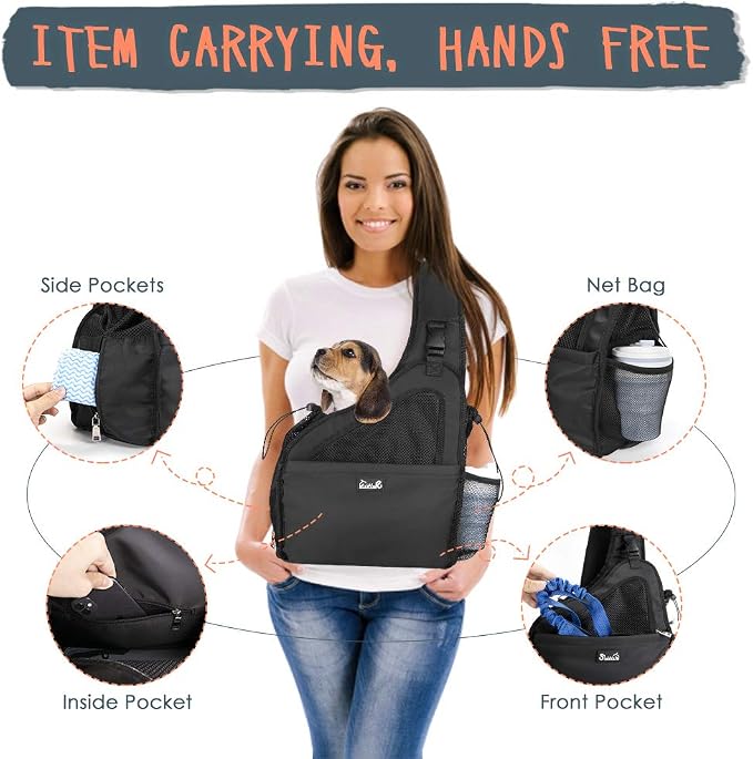 SlowTon Dog Sling Carrier, Hands Free Hard Bottom for Small Dogs up to 6 lb | Breathable Mesh Support, Adjustable Padded Strap, with Pocket Safety Belt, Machine Washable, for Small Animal Puppy, Black