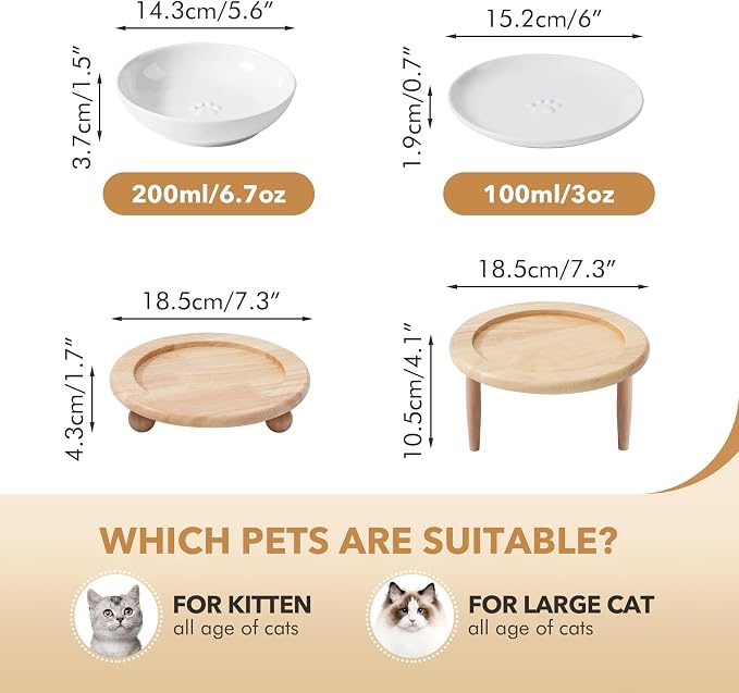 Havniva Elevated Cat Bowls, Cat Food and Water Bowl Set, Ceramic Cat Bowl | Raised Cat Food Bowls, Whisker Friendly, 5.6” Shallow Cat Dishes + 6” Wide Cat Plates, Non-Slip Wood Stand, Two Heights