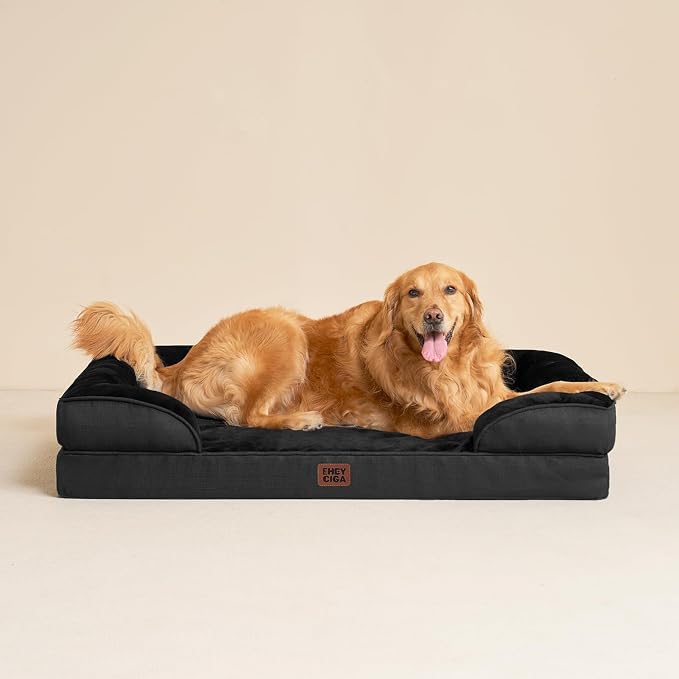EHEYCIGA Orthopedic Dog Beds Large Sized Dog, Waterproof Washable Pet Bed | Non-Slip Bottom and Egg-Crate Memory Foam XL Dog Couch Bed with Washable Removable Cover, Black