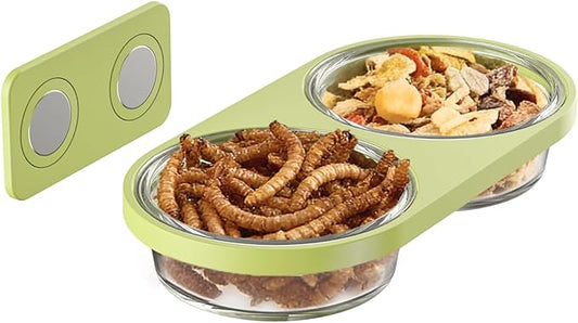 Magnetic Reptile Feeding Ledge with 2 Pack Plastic Bowls Food Feeder Water Dish for Crested Gecko Dwarf Hamster (Green, Magnetic-Mounted)