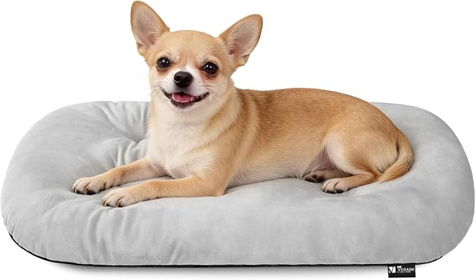 Washable Oval Small Dog Bed, Silver-Tipped High-Resilience, Light Gray | Non-Slip Bottom Prevents Sliding,Soft Plush Short Fur,Machine Washable Cushion,Ideal for Crates & Small Spaces,23"x17"x2.8"