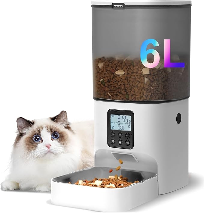 Automatic Cat Feeder, 6L Cat Food Dispenser with 10s Voice Recorder, Pet Feeder up to 8 Meals per Day, Timed Feeder with Dry Food Sealed Ring (Jade White)