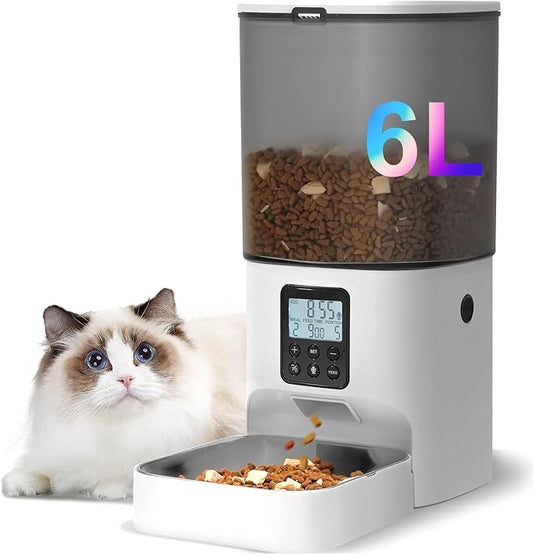 Automatic Cat Feeder, 6L Cat Food Dispenser with 10s Voice Recorder, Pet Feeder up to 8 Meals per Day, Timed Feeder with Dry Food Sealed Ring (Jade White)