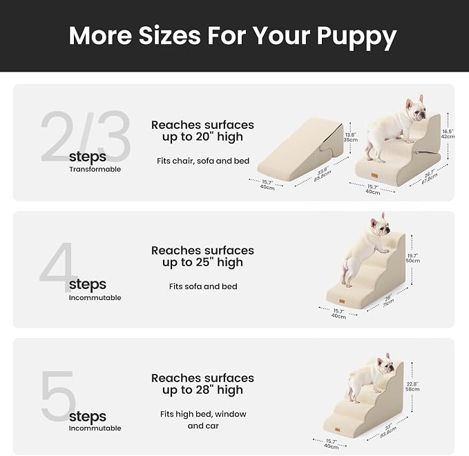 Gardner Pet Dog Stairs for Small Dogs 16.5" H, 2 in 1 Transformable 3-Step Pet Stairs and Dog Ramp for Couch (13-20 in), Beige Adjustable Pet Steps with Non-Slip Waterproof Cover and CertiPUR-US Foam