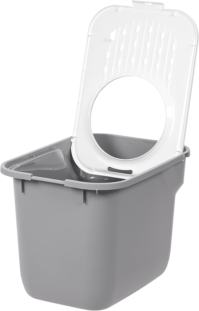 IRIS USA Cat Litter Box Large Top Entry with Lid, Enclosed Litter Box with Litter Catching Lid & Scoop, Covered Cat Litter Box Enclosure for Privacy, High Sided, Gray/White