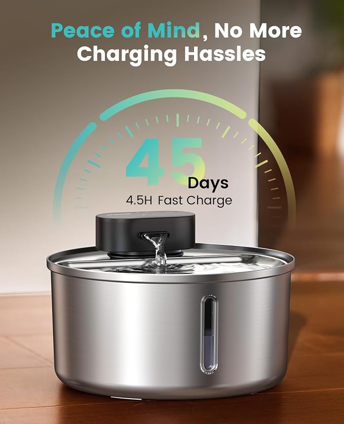 oneisall 108oz/3.2L Wireless Stainless Steel Cat Water Fountain | True Cordless,Ultra Quiet,4000mAh Rechargeable Battery Operated,3 Flow Modes with Sensor,Easy to Clean(3-Piece Only),5-Layer