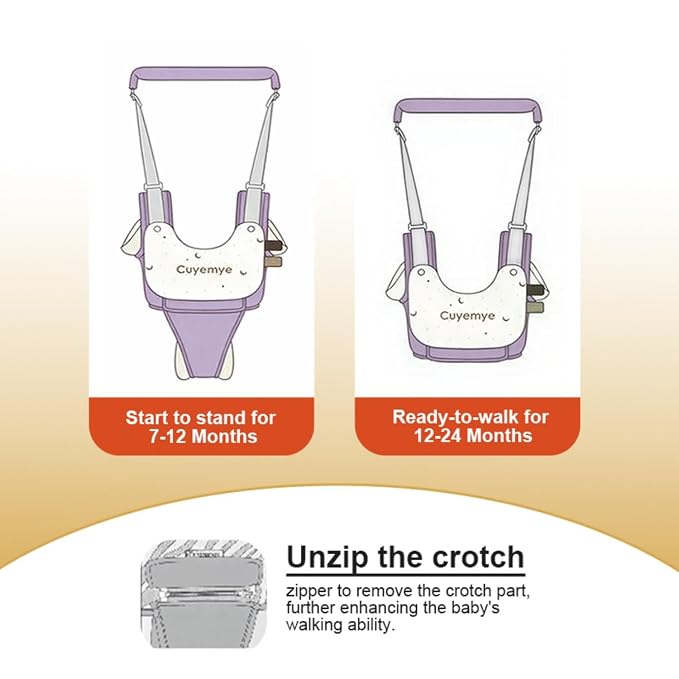 Baby Walking Harness - Handheld Toddler Walker Helper with Detachable Crotch, Adjustable Traction Strap, Breathable Fabric, Infant Walking Assistant Belt for 9-24 Months (Purple)