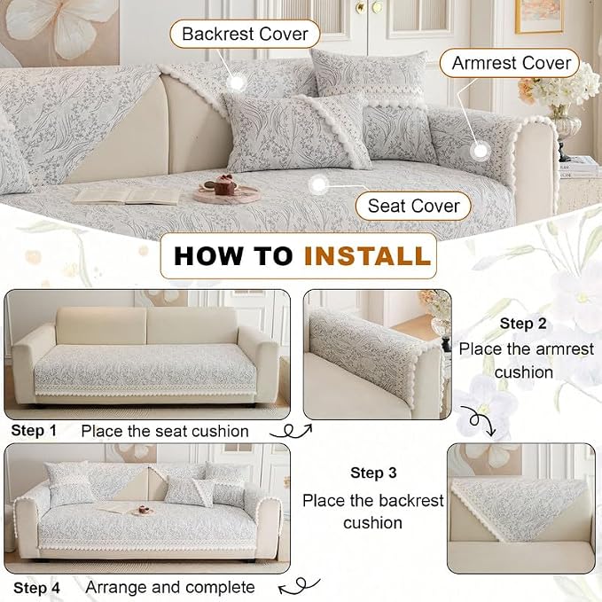 HANDONTIME Floral Chenille Couch Cover for Pets – Plush Fringed Edges, Washable & Non-Slip Sofa Protector, Pet-Friendly Dog Bed Cover for Couches and Sectionals (Light Grey,35.4" x 63")
