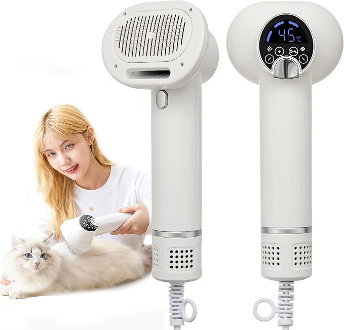 3-in-1 Dog Hair Dryer Brush - Adjustable Temp (35°C-60°C) & 4 Speeds, One-Touch Hair Collection for Safe Grooming of Small & Medium Dogs Cats