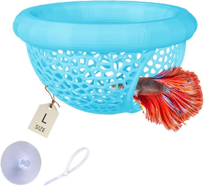 Floating Betta Hammock with Suction Cup, Shrimp Cave, Betta Fish Feeding Rings,3D Printed Aquarium Decor (Blue, Large)