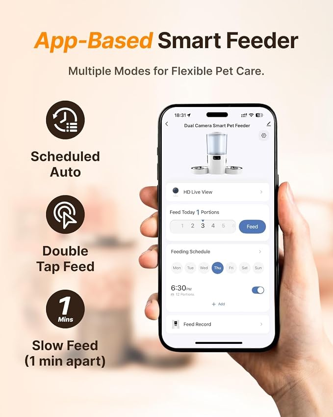 Dual-Camera Automatic Pet Feeder with 2 Bowls, 6L Smart Feeder for 2 Cats | 2K HD Video, App Control, Slow Feed Mode, Up to 20 Meals, 2-Way Audio, Night Vision, iOS/Android, Dry Food Only, White