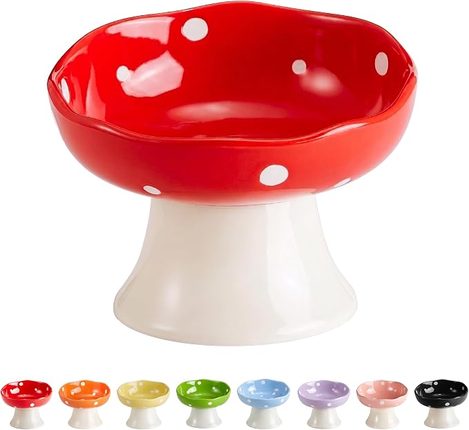 Red Mushroom Cat Bowl, Elevated Ceramic Bowl for Cats | Cute Mushroom, Elevated, Ceramic, Whisker Friendly, Wide Opening, Stable, Easy Clean