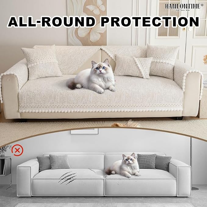 HANDONTIME Chenille Pet Couch Cover Floral Pattern – Soft Fringed Edges, Non-Slip Washable Sofa Slipcover, Jacquard Sofa Cushion Cover, Protects Furniture from Dogs, Cats & Kids (Khaki,35.4" x 94.5")