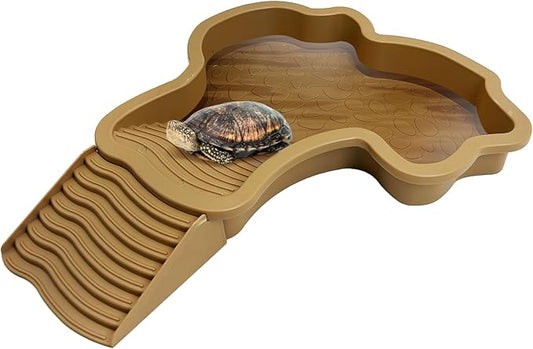 PINVNBY Large Reptile Bathing Pool Tortoise Water Dish with Removable Ramp and Leaf Reptile Food Dish & Water Bowl Tortoise Habitat Accessories for Turtle Lizard Gecko Snake (Yellow)