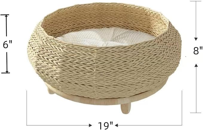 SHENGOCASE Extra Large Handwoven Paper Rope Wicker Rattan Pet Cat Dog Nest Basket Bed, Elevated Couch with Wooden Base, Cozy Cushion for Maine Coon, Indoor