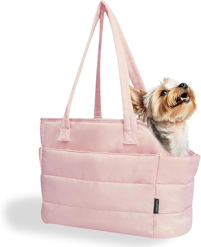 Lightweight Puffy Dog Purse Carrier for Small Dogs, Pink | Quilted Pet Carrier Tote with Safety Leash Clip, Storage Pockets and Removable Base, for Pets Up to 15 lbs, Pink