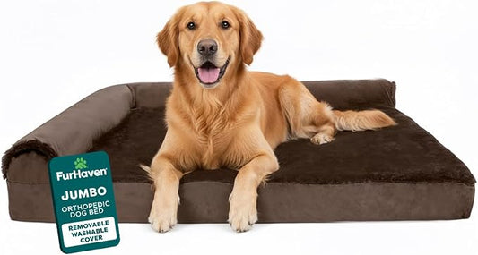 FurHaven Orthopedic Dog Bed for Large Dogs, L-Shaped Chaise Mattress, Egg Crate with a Solid Orthopedic Foam Base for Joint Support, Removable Washable Cover, Jumbo XL, Plush & Velvet, Sable Brown