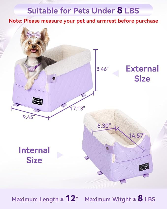 PETSFIT Cat Car Seat with Dual Adjustable Seat-Rail Anchor Hooks | Anti-Collapse Leather Dog Console Car Seat with Safety Tether, Washable Cushion, Soft Pillow for Pets Under 8 lbs, Purple