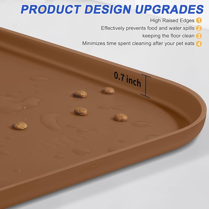 SMILOOL Waterproof Silicone Pet Food Mat with Raised Edge for Dog & Cat | 19" x 12" Non-Slip Pet Feeding Mats with Lip for Food & Water Bowl, Food Grade, Easy Cleaning, Brown