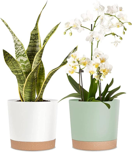 kubvici 8'' Plastic Flower Planter Pots Set of 2 Indoor Outdoor Planters with Drainage Saucer for Garden Home (Green & White, 8 inch)