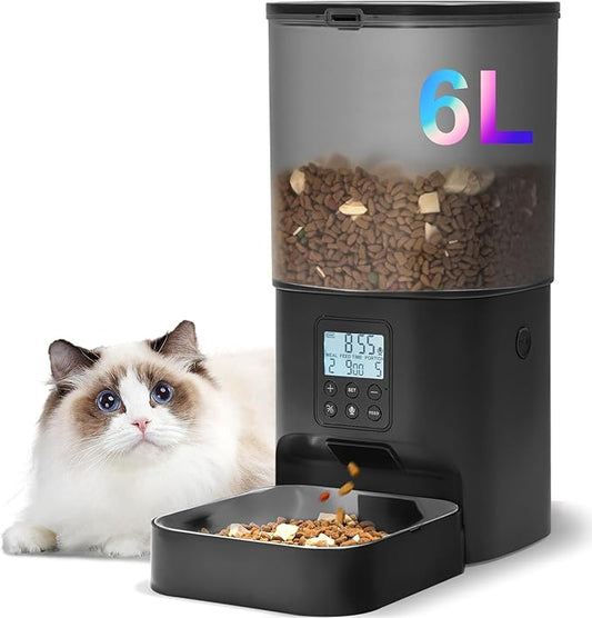 Automatic Cat Feeder, 6L Cat Food Dispenser with 10s Voice Recorder, Pet Feeder up to 8 Meals per Day, Timed Feeder with Dry Food Sealed Ring (Black)