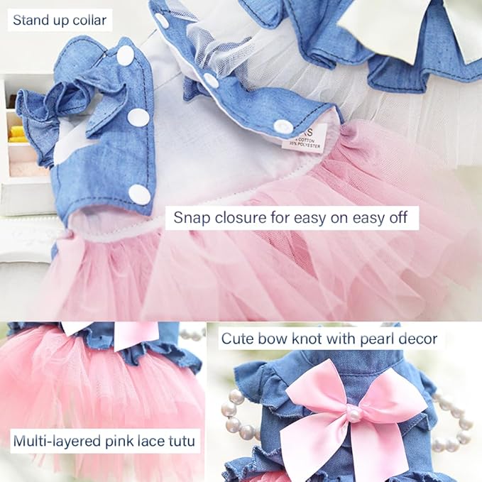 ANIAC Pet Denim Dress with Cute Bow-Knot Comfy Vest Skirt Lace Trim Tutu Summer Spring Clothes for Cats and Small Dogs (XX-Large)