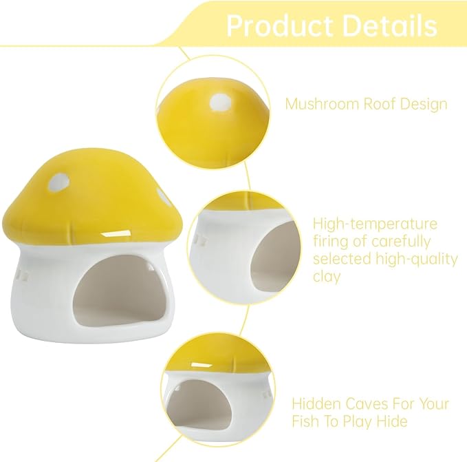 Saim Ceramics Mushroom House Aquarium Decor, Betta Fish Tank Accessories Landscape Decoration, Small Shrimp Goldfishes Habitat Hut Pleco Smalland Breeding Hide Caves Toad House - Yellow