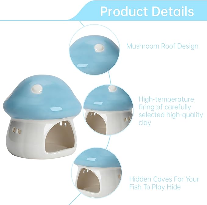 AnRui Ceramic Mushroom Aquarium Decor Cute House Betta Fish Tank Accessories Decoration Hideout Cave for Small Fish, Shrimp, Goldfish and Reptiles, Easy to Clean (Blue, Small)