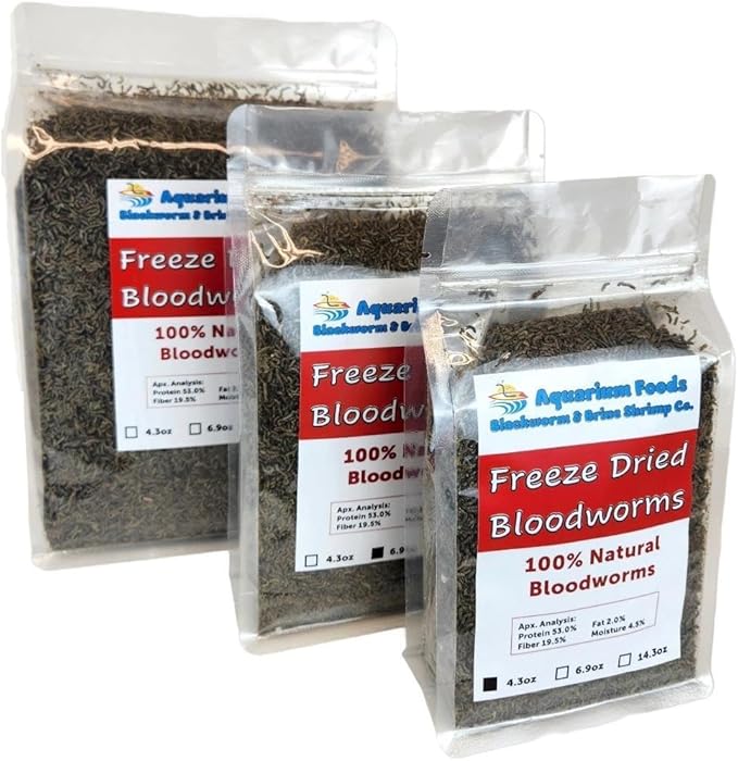 Aquatic Foods Inc. Bloodworms, Grade A Freeze Dried Bloodworms for All Tropical Fish, Cichlids, Discus, Tetras, Goldfish, Bettas, Angel Fish, Marine Fish, Carnivorous Plants…4.3oz Clear Bag
