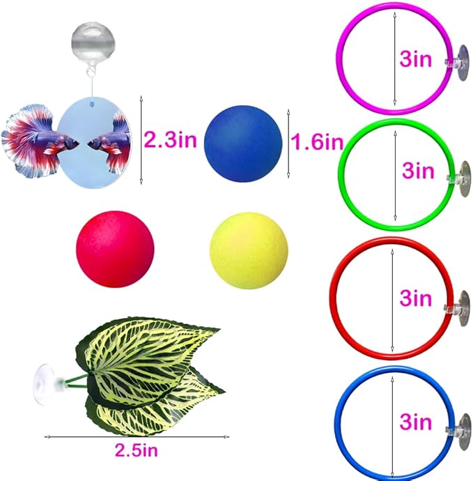 9 pcs Betta Fish Enrichment Toys Fish Exercise Rings Tank Decoration Set Feeding Rings Training Ring Feeder Fish Toys Floating Mirror Balls Resting Spot for Stress-Free Fish Aquarium Accessories