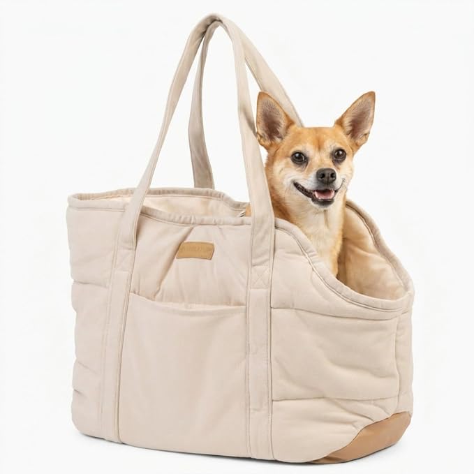 Plush Dog Purse Carrier for Small Dogs, Soft Tote Bag with Safety Harness Clip, Cozy Pet Carrier for Dogs Under 15 lbs, Comfortable Dog Shoulder Carrier for Travel, White 2.0