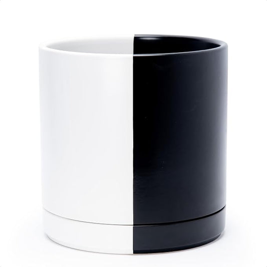 D'vine Dev 10 Inch Ceramic Planter Pot, Black White Split, 94-O-E-0 | Modern Cylinder Design, Drainage Hole & Saucer Included, Stable Structure, Elegant Home Accent