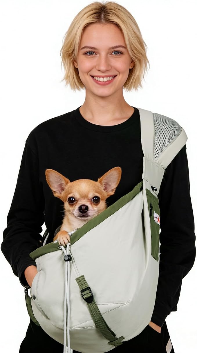 Dog Carrier Sling, Dog Carriers for Small Dogs Up to 20lbs,Army-Green | Puppy Sling, Cross Body Carrying Bag, Soft Front Pouch, Adjustable Shoulder Strap, Breathable Mesh Pet Backpack for Hiking