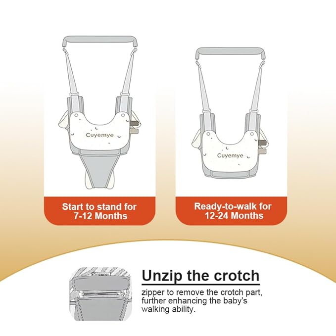 Baby Walking Harness - Handheld Toddler Walker Helper with Detachable Crotch, Adjustable Traction Strap, Breathable Fabric, Infant Walking Assistant Belt with for 9-24 Months (Grey)